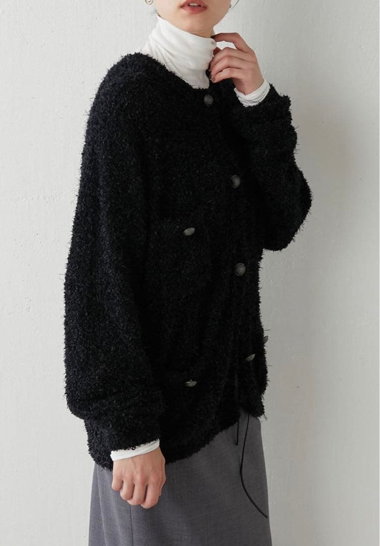 Whim Gazette ニットツイードボタンジャケットカーディガン_黒