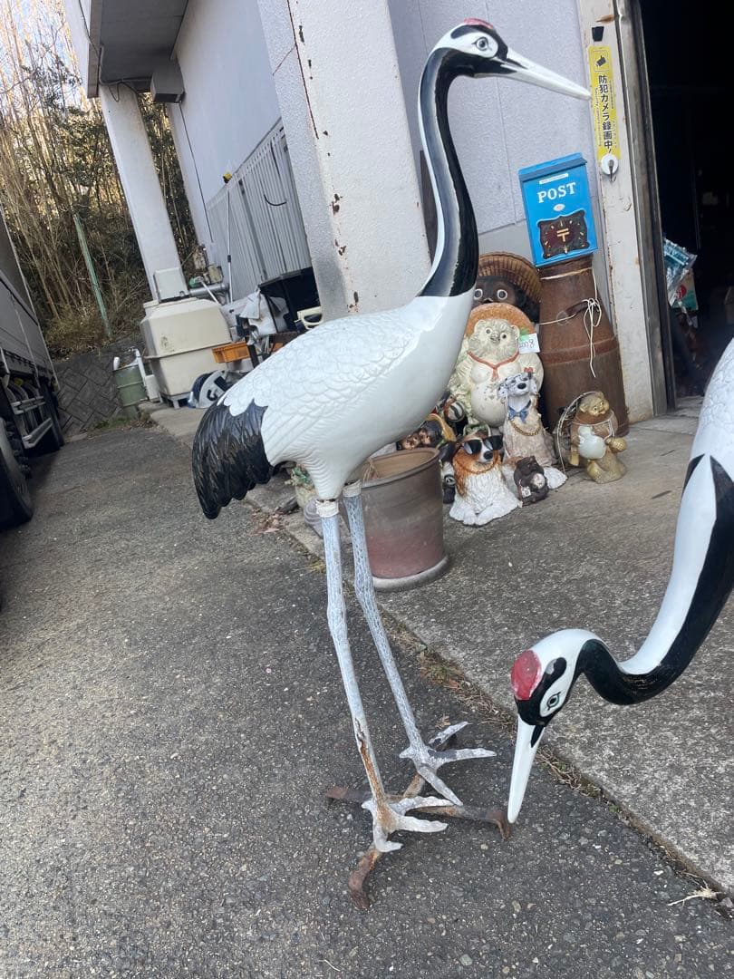 庭園置物　鶴 2羽 古美術 縁起物　陶器 骨董 日本庭 オブジェ　高さ109cm