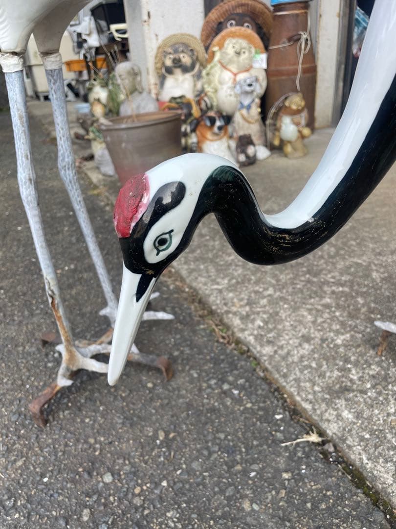 庭園置物　鶴 2羽 古美術 縁起物　陶器 骨董 日本庭 オブジェ　高さ109cm