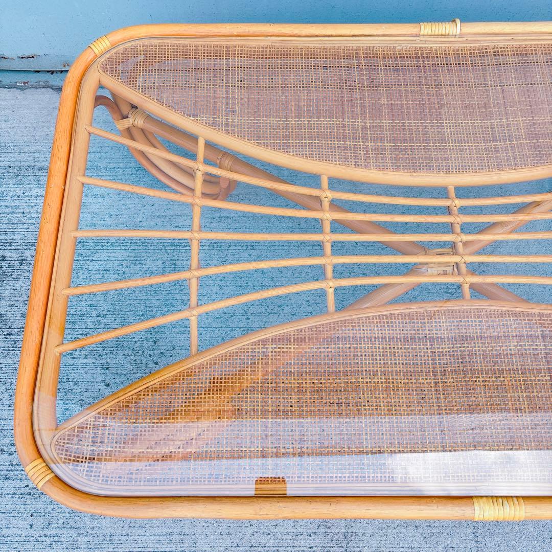 【チワワ様】流線デザイン ラタンガラスローテーブル 藤家具 古民具 昭和レトロ