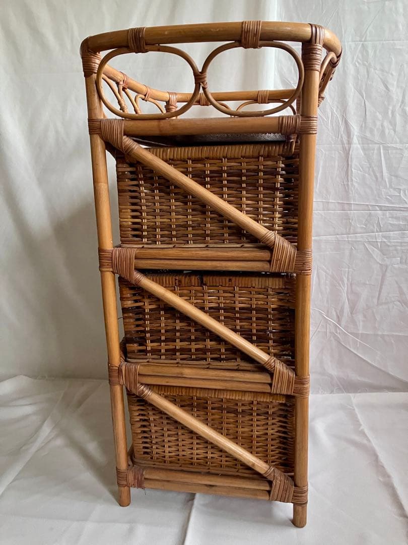 ✅国産ビンテージ✅ラタン引き出し３段ボックス/珍しい脱衣籠タイプ
