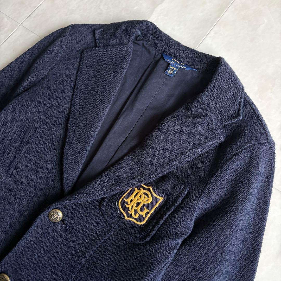 ポロラルフローレン エンブレム刺繍 紺ブレ 金ボタン ヘリンボーン S相当 細身
