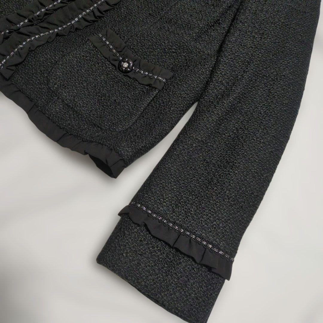 美品　ローズティアラ　大きいサイズ　フリルカラー　ツイードジャケット　黒　46