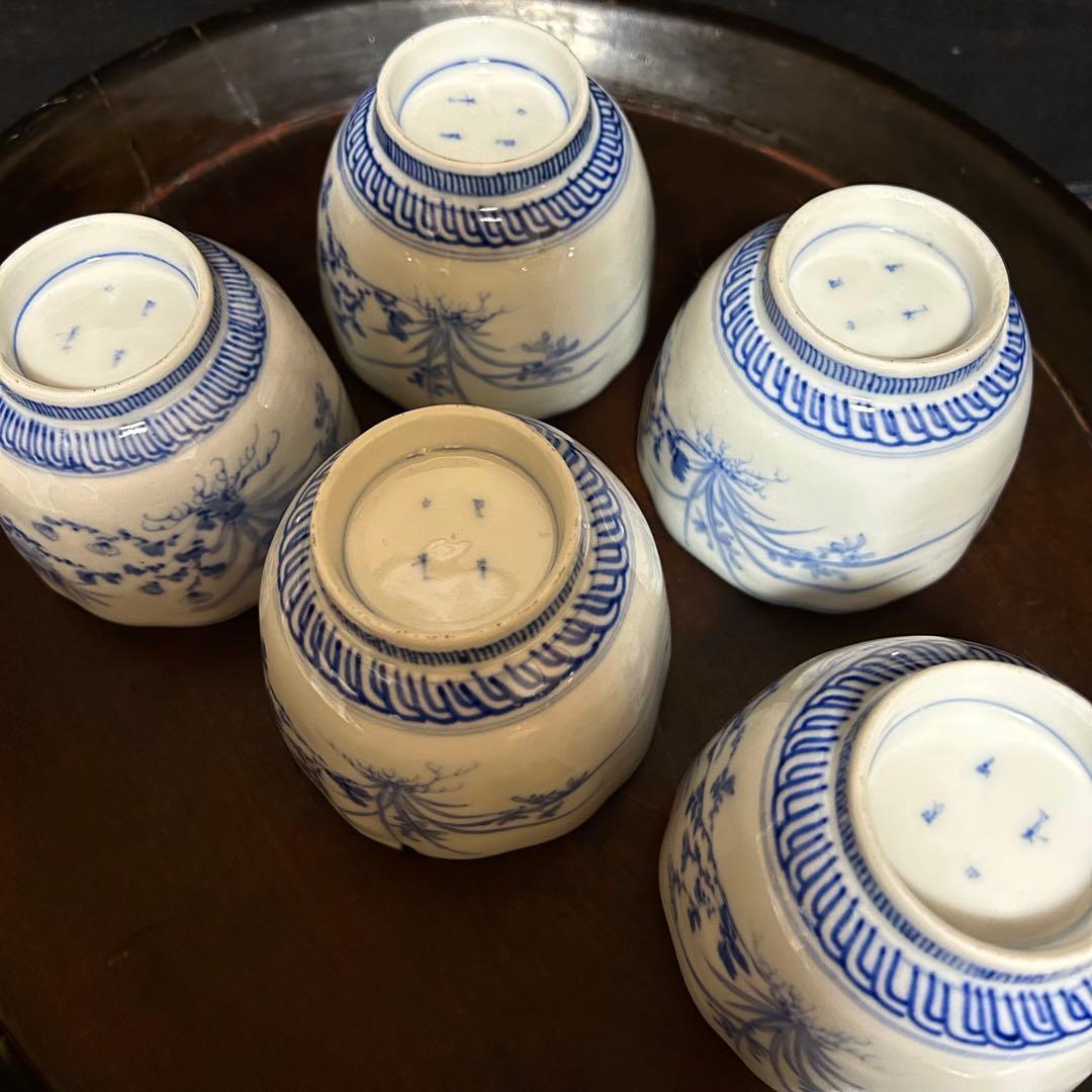 江戸期　上手古伊万里　「草花梅図猪口　五客揃」無傷　本物保証