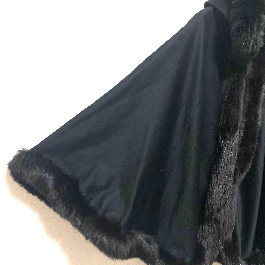 美品☆カシミヤフード付きマント ファー付きケープコート　ポンチョ エレガント