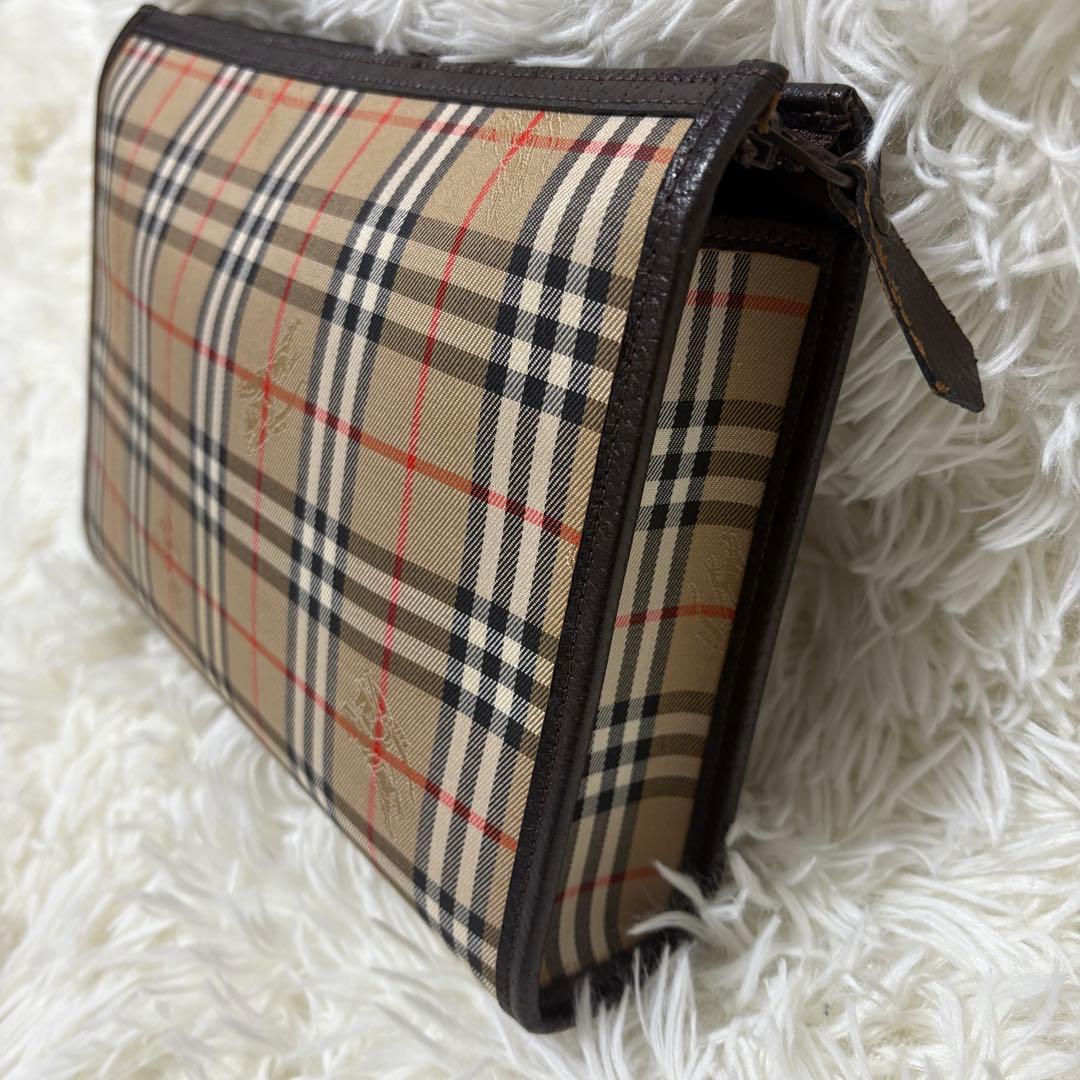 【極美品】バーバリー ノバチェック ホースロゴ キャンバス レザー クラッチ