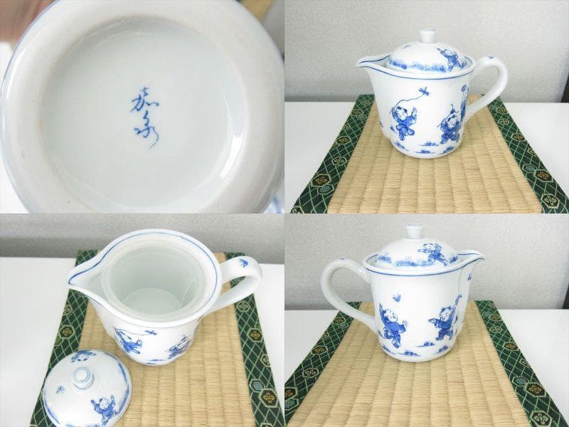 新品 三川内焼　4点セット 唐子絵　白磁 手描き 3点 急須 醤油さし 湯呑