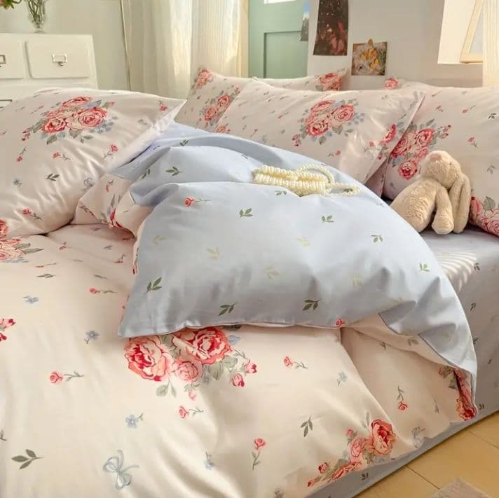 新品★薔薇ブーケと小花綿100%シングル掛け布団カバー枕カバー２枚シーツの4点