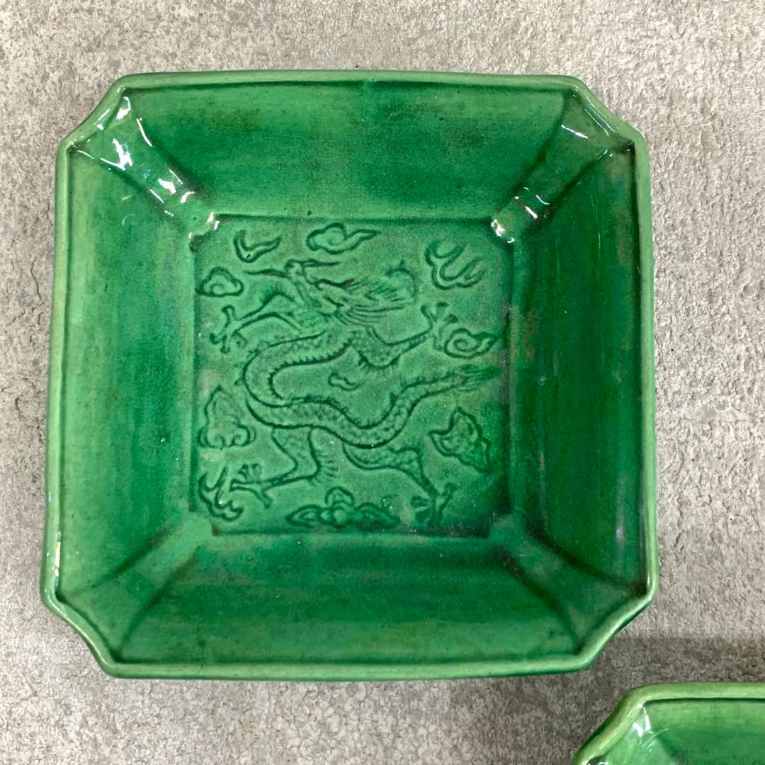 小皿5点 珉平焼 角皿 龍 淡路 人気 タイルグリーン 古皿 手塩皿 緑 翠
