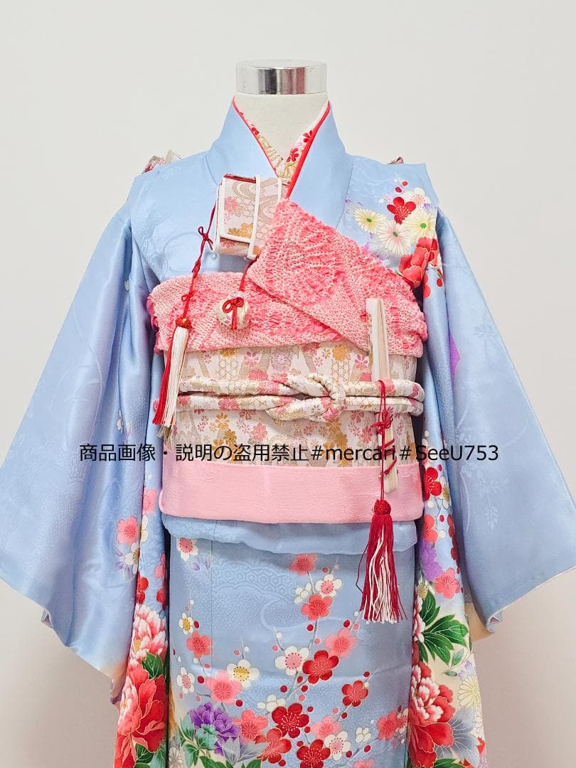七五三　7歳　 水色　正絹　着物　セット　女の子 c96