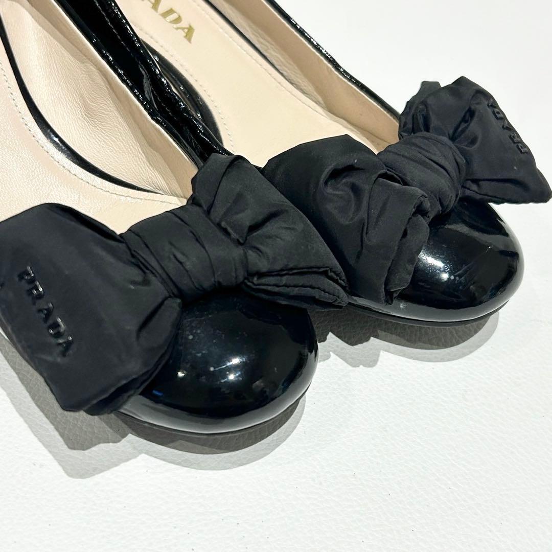 PRADA リボン ロゴ パンプス エナメル ブラック 37 1/2
