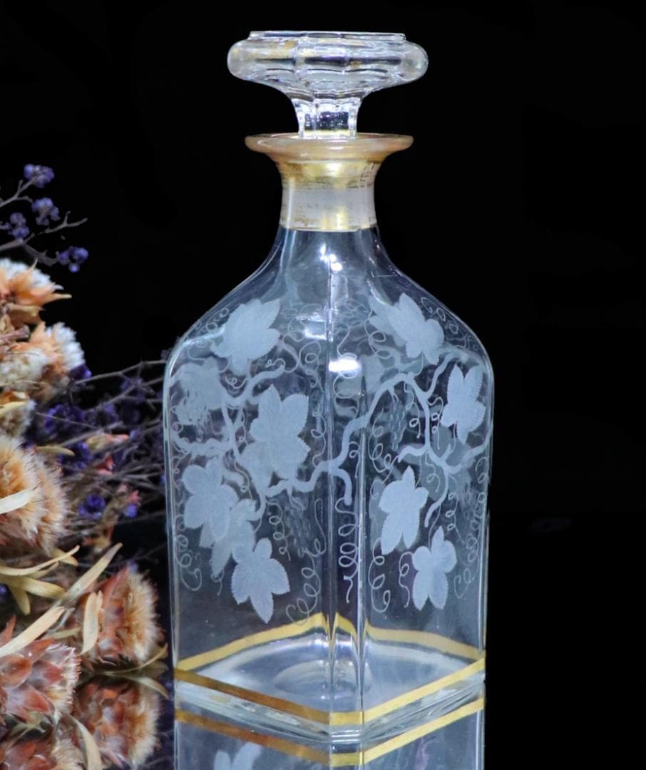 オールド・バカラ 極稀少 金彩 大型 葡萄文 スクエア型 デカンタ グラヴュール