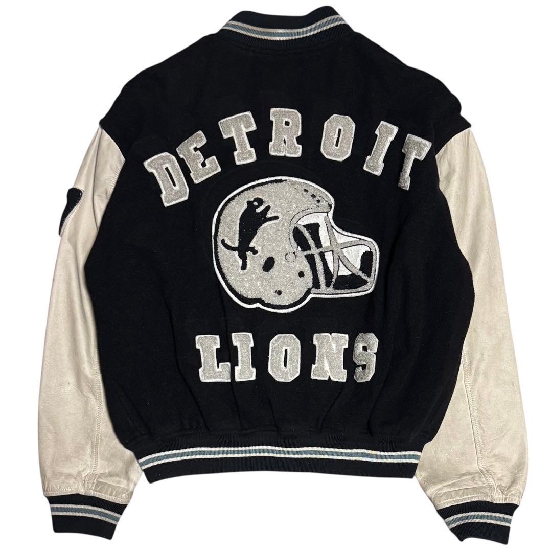 デトロイトライオンズ バックロゴ 袖革 スタジャン リブライン Lサイズ 黒