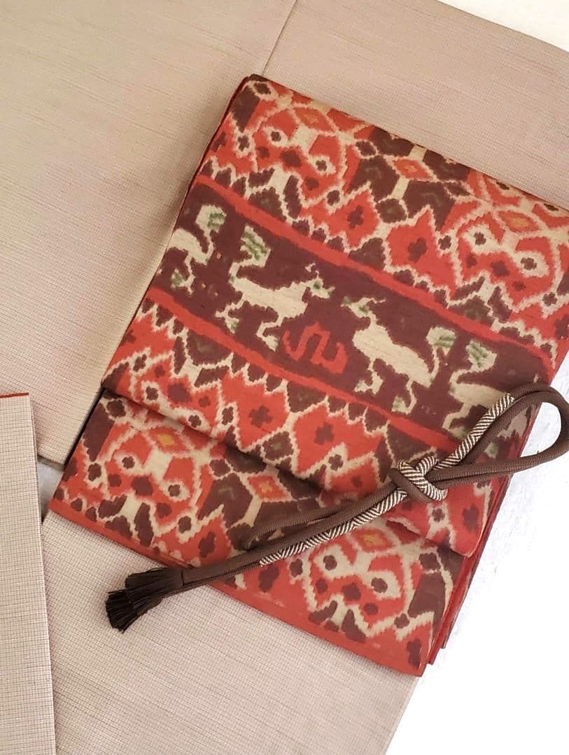 【ご予約品＊】異国風の袋帯　イカット　インドネシア　エスニック　赤茶　正絹