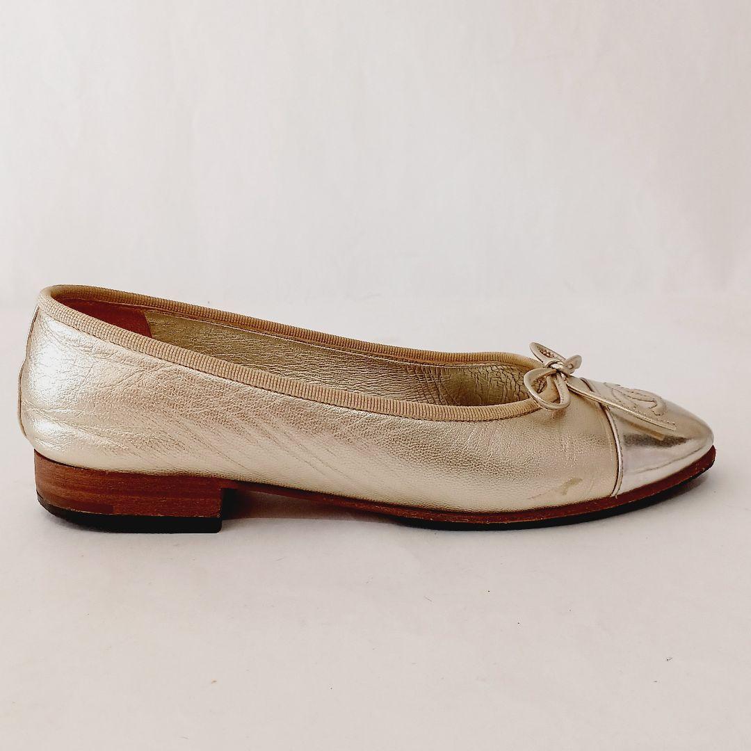 シャネル バレエシューズ ココマーク リボン フラットシューズ ゴールド