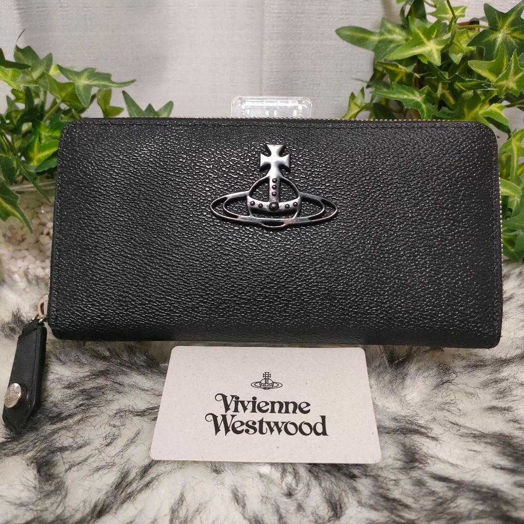 Vivienne Westwood 長財布 ブラック レザーラウンドメタルオーブ