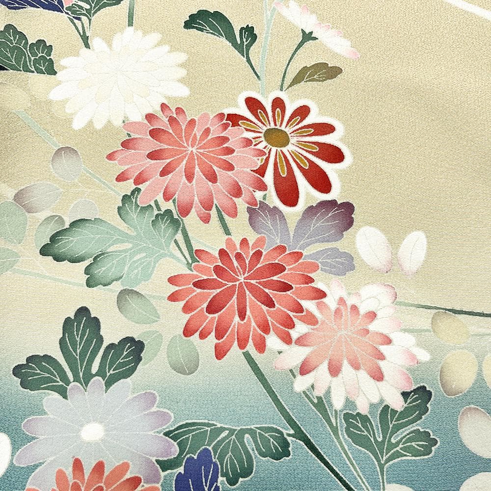 十日町友禅 正絹 訪問着 ちりめん 中古 水色 手描友禅 №ymk0049