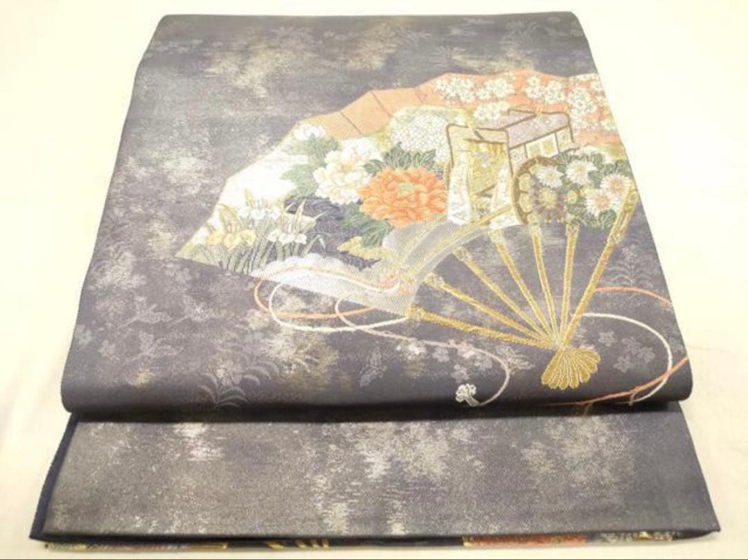 振袖 フルセット6点サイズS〜M 貝桶花文正絹袋帯唐織扇面御所車花文　金銀糸引箔