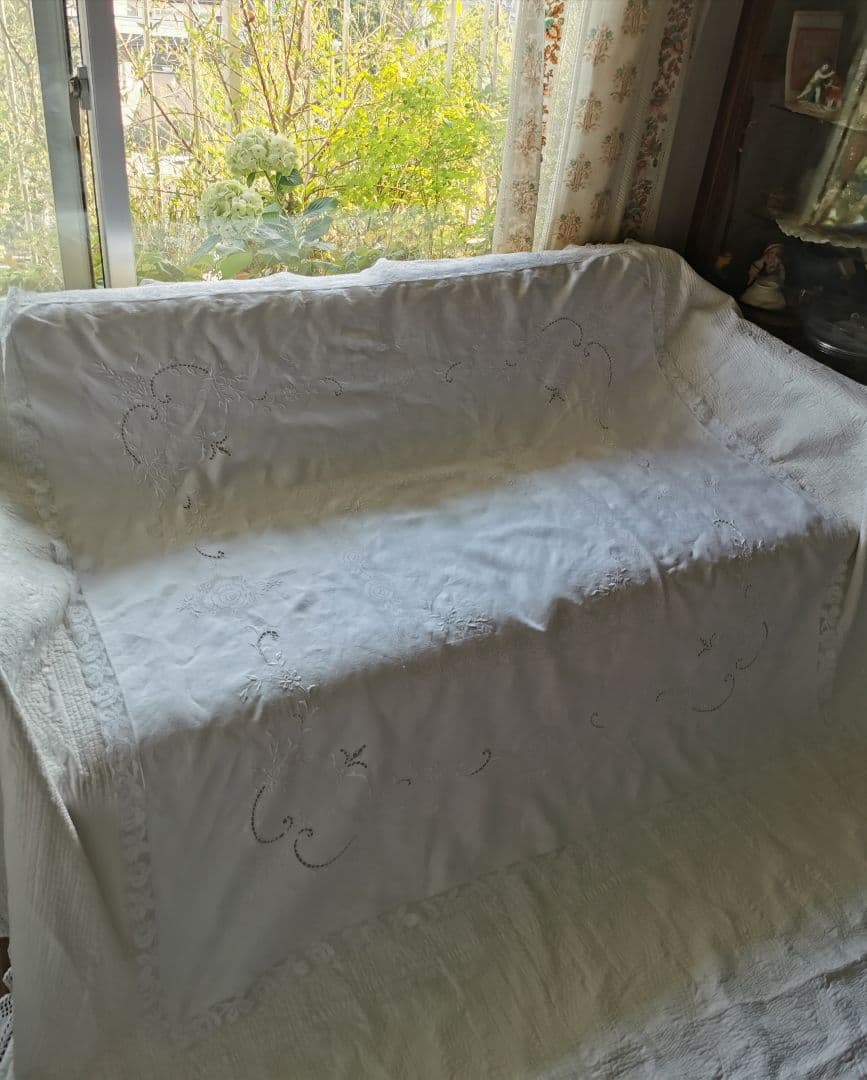 アンティーク手織りアイリッシュリネン フィレレース＆ニードルワーク 大判クロス