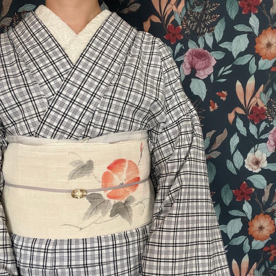 木綿着物　モノトーンチェック　手縫い　ハンドメイド
