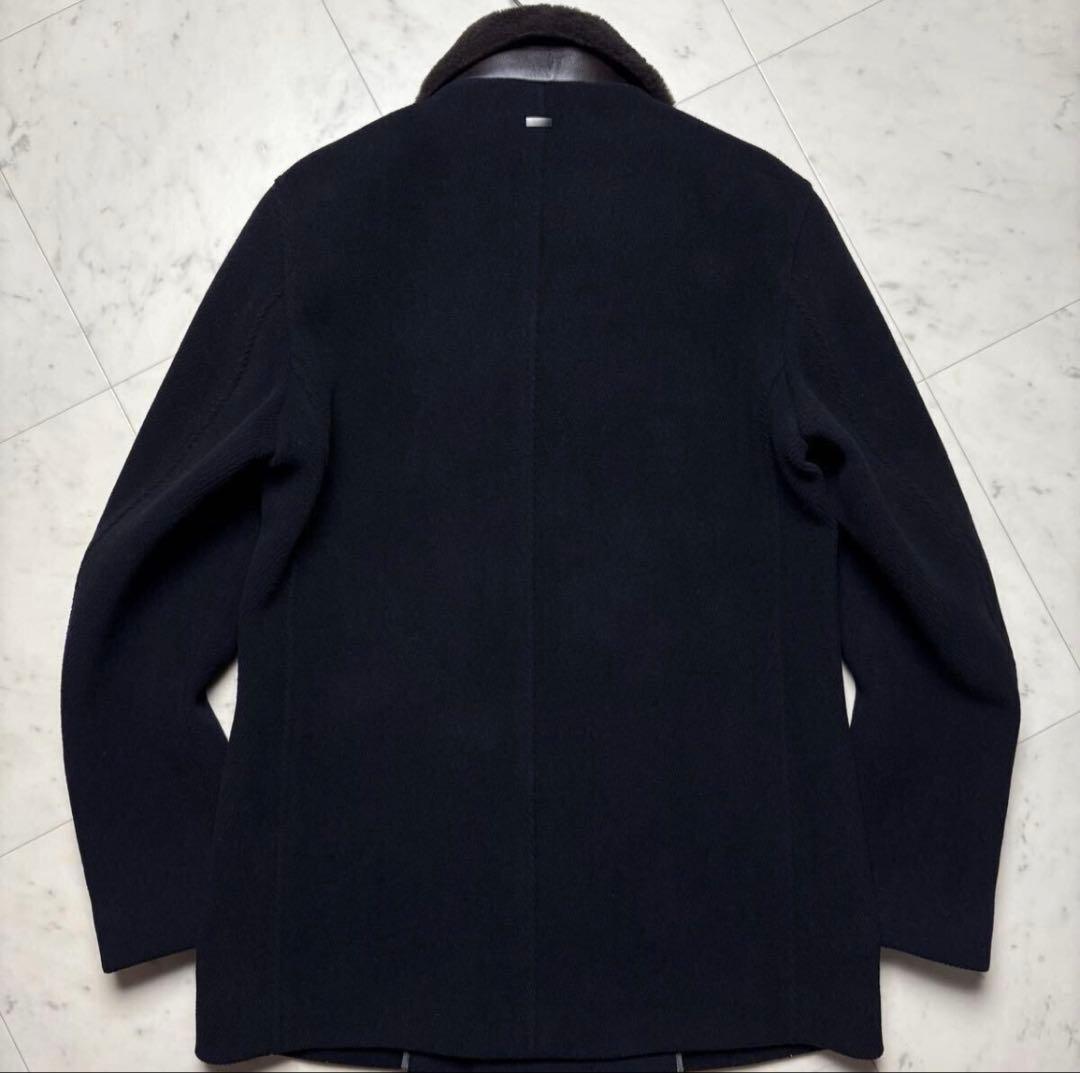 【美品】HERNO RESORT ムートン襟レザー Pコート 46 ネイビー