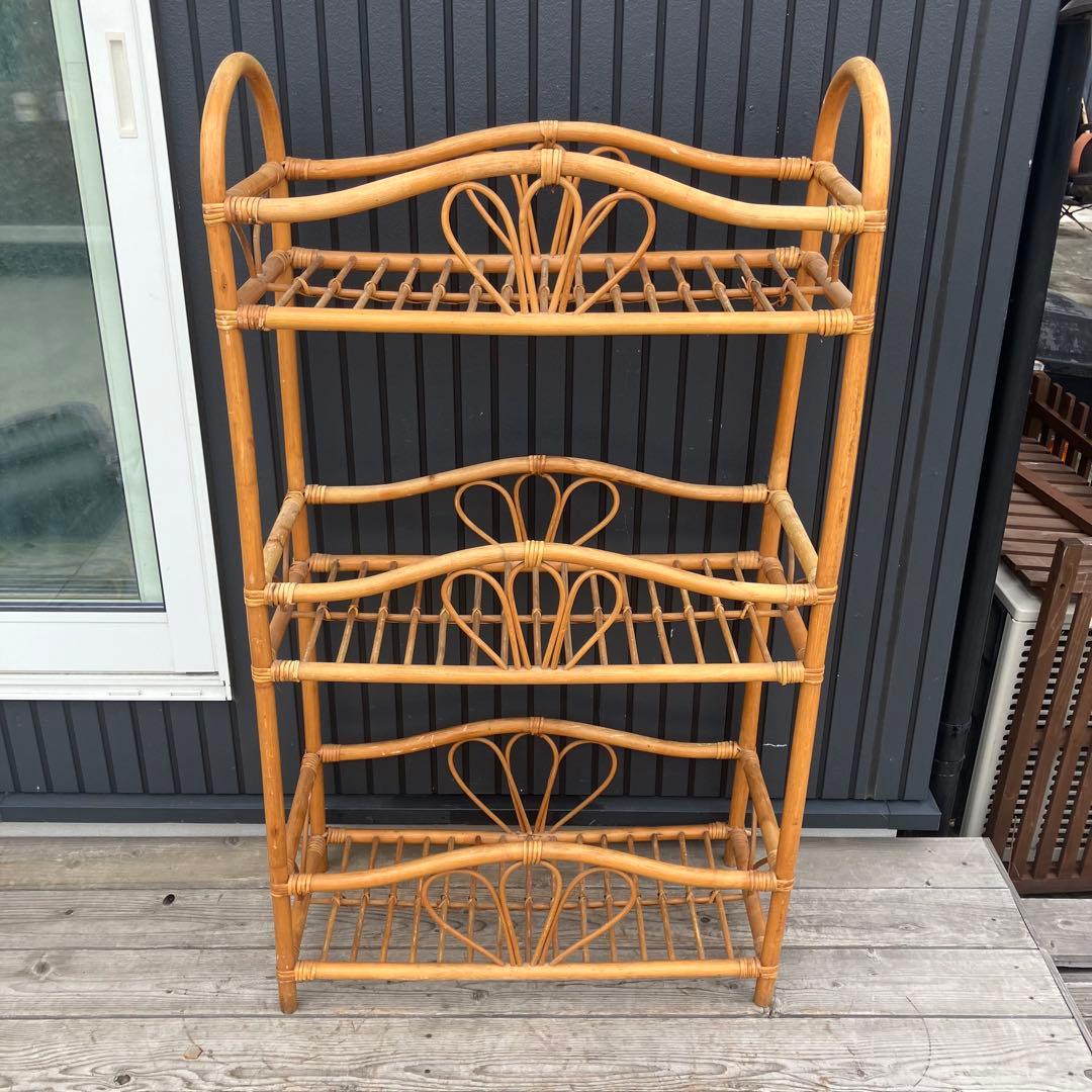 昭和レトロ ラタンラック フラワーラック 3段 オープンラック 花台 飾り棚