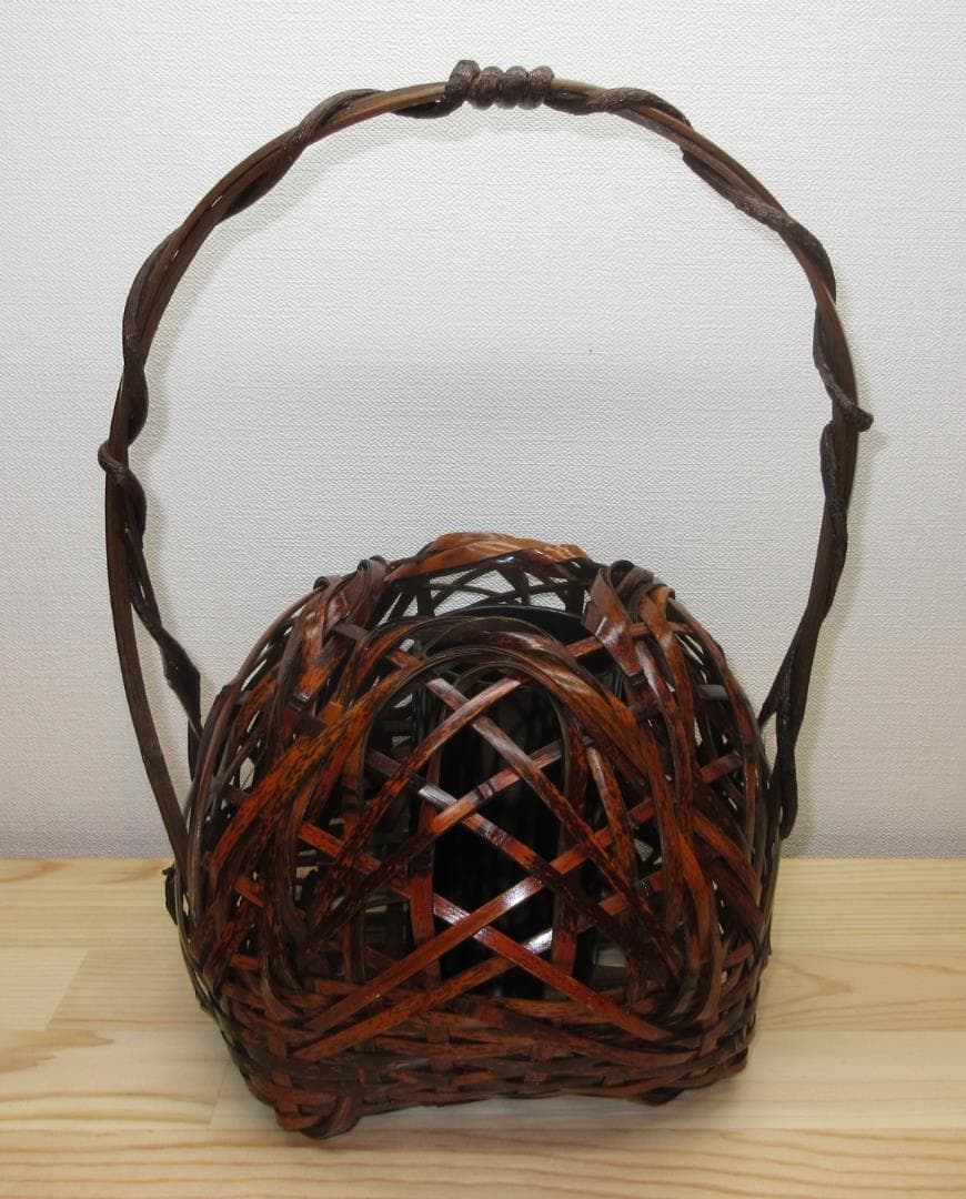 送料込【逢絢亭】茶道具 花籠 宗全籠 手付き 木製 正信作 紙箱入り