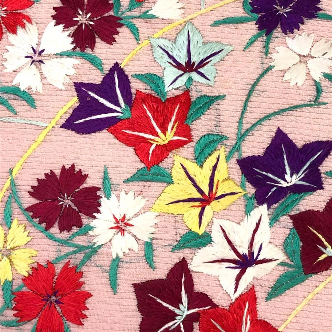 アンティーク帯 夏帯 名古屋帯 絽 地紙に花柄模様 刺繍 AO-3115