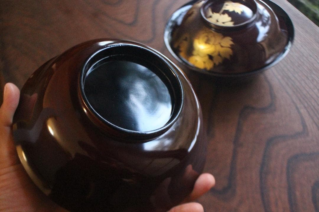 時代逸品！風情ある栗色漆に極上牡丹蝶蒔絵の映える大椀2点（検輪島塗蒔絵椀雑煮椀