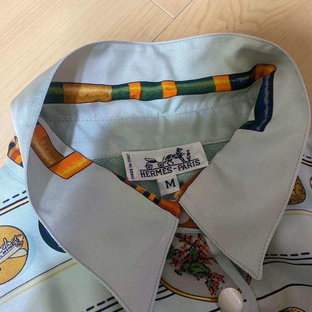 【送料無料】 HERMES エルメス シルク スカーフ柄 切替ポロシャツ M