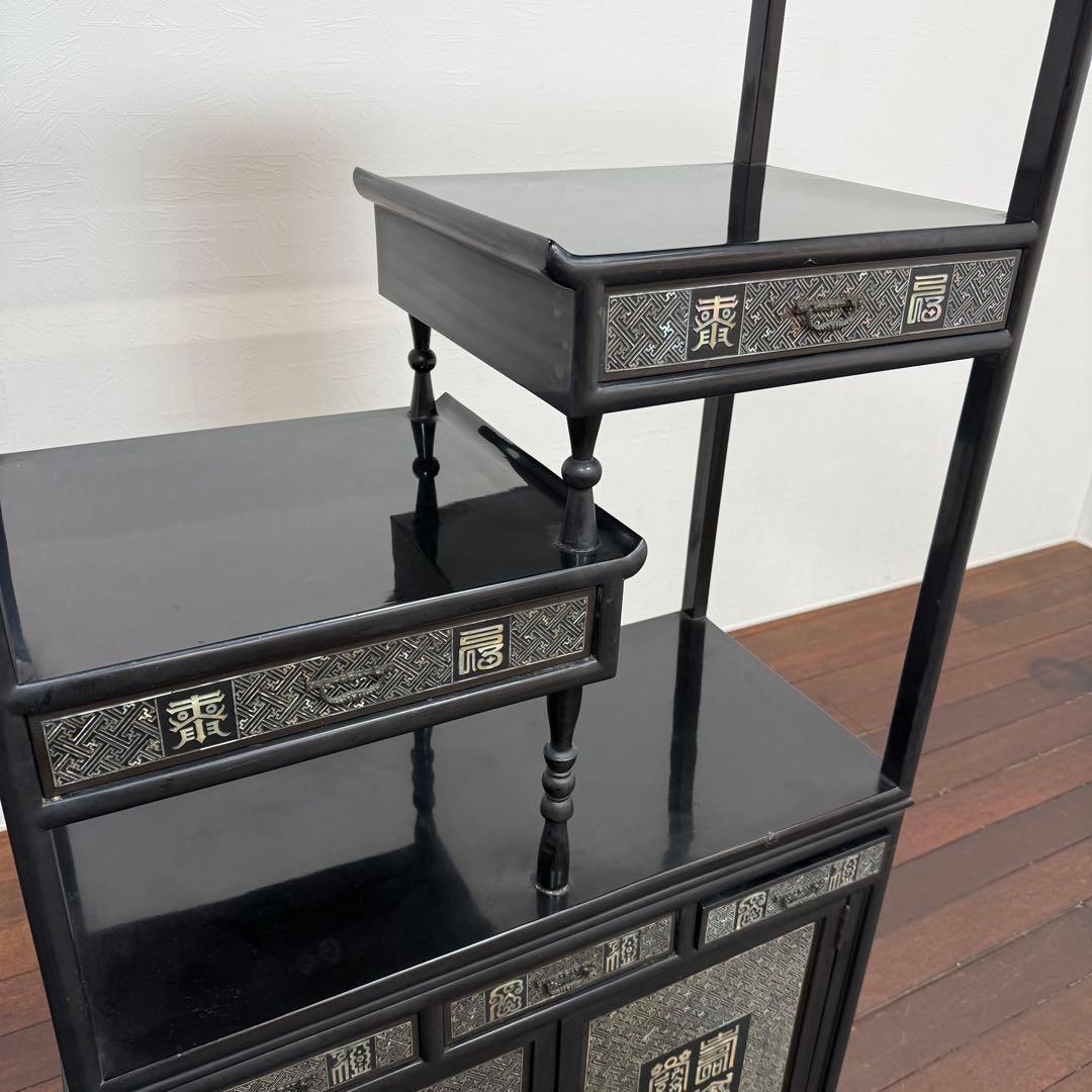 H21K68b 螺鈿細工 ラデン 黒漆塗り 飾り棚