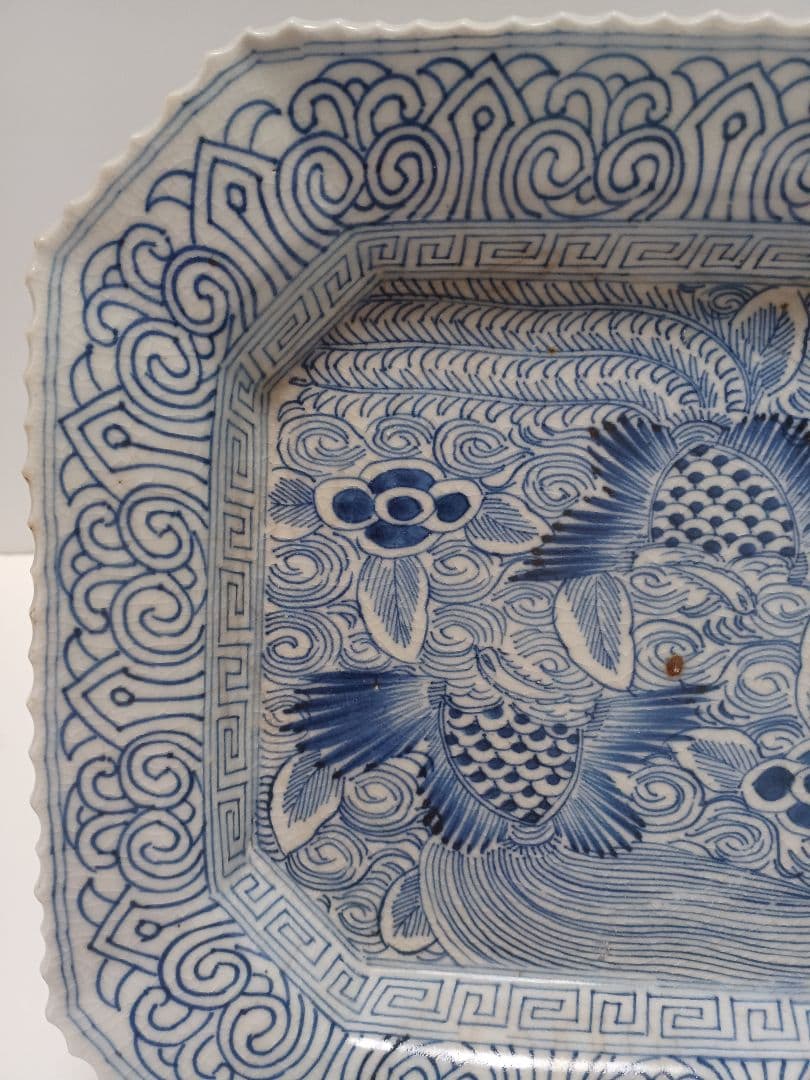 骨董伊万里　線描　染付　鳳凰文　角皿　隅切　1客