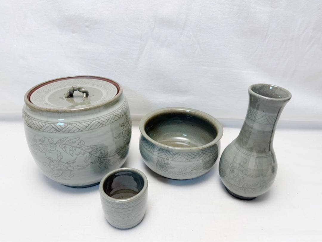 未使用 茶道具 香舟造 牡丹唐草文 皆具 杓立て 建水 蓋置 水指 共箱