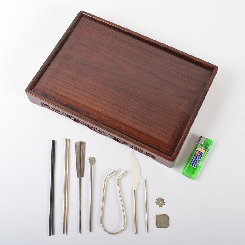 煎茶道具　唐木製　煎茶盆　香盆　火道具　七つ道具　香箸　銀葉挟など　VR6608