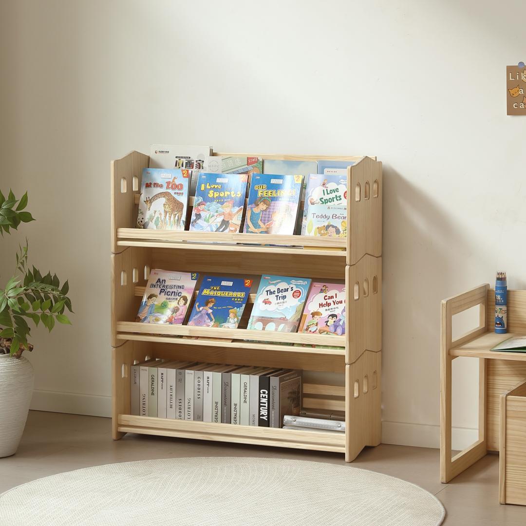 【新品】天然木製絵本棚 三段 スリム 組み合わせ自由