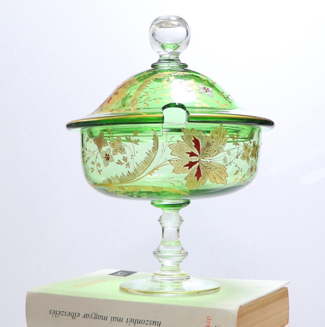 オールド・バカラ 美術館級 大型金彩エナメル彩蓋付き コンポート 緑色硝子 蓋物