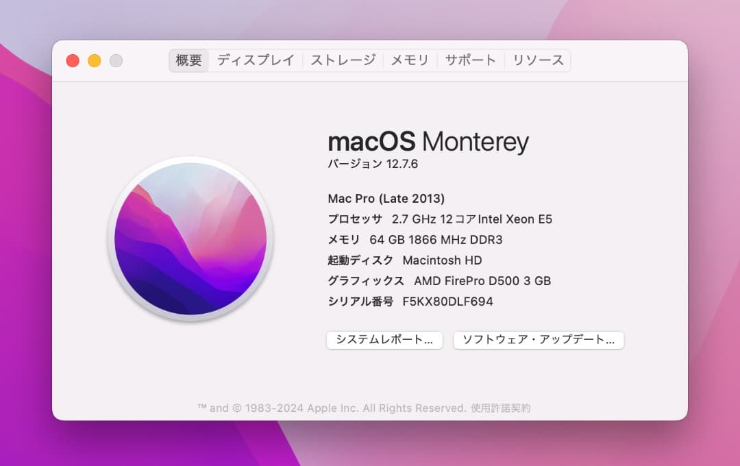 Apple Mac Pro 2013 12コア / 64GB / 500GB