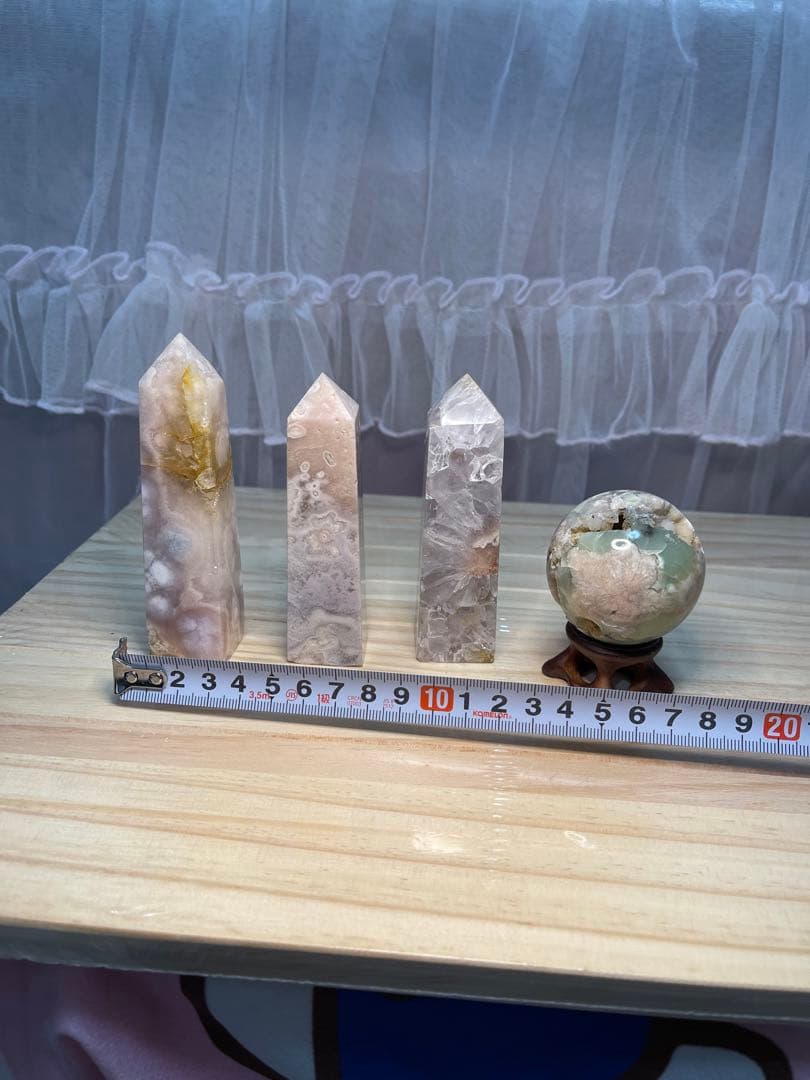 ピンクアメジストタワー 桜瑪瑙 天然石　丸玉　台座付き　4点セット　バラ不可