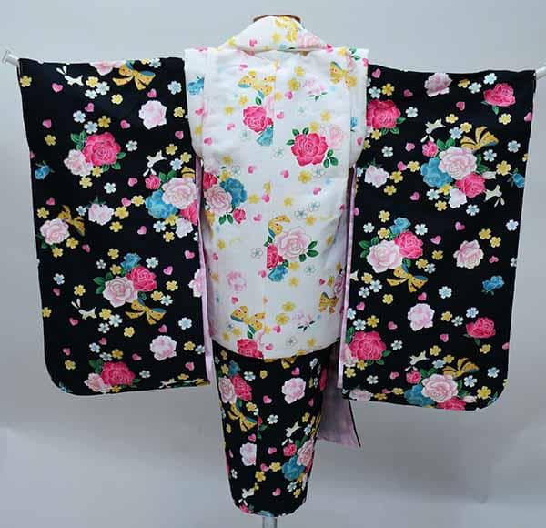 七五三 三歳 女児 被布着物フルセット 黒色×白色 祝着 お仕立て無料