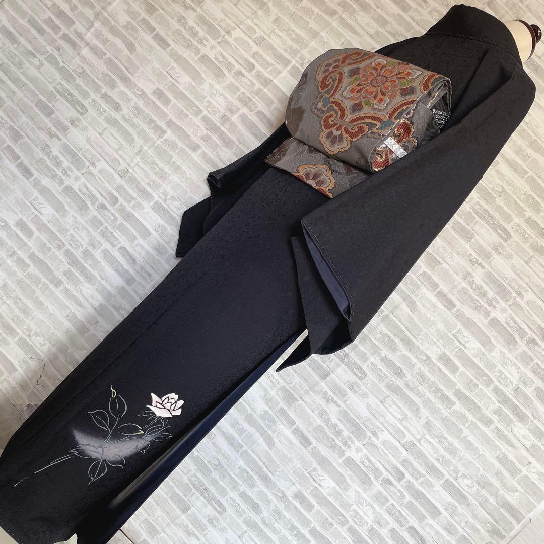 訪問着　フルセット　薔薇　月夜　黒地　金彩加工　おおみ安心ガード加工　着物　Q5