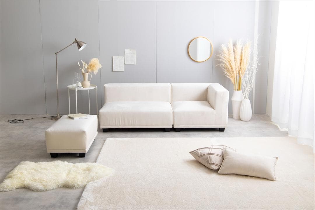 【送料無料】【3点セット】2人掛けソファ コーナー ベロア 天然木 オットマン