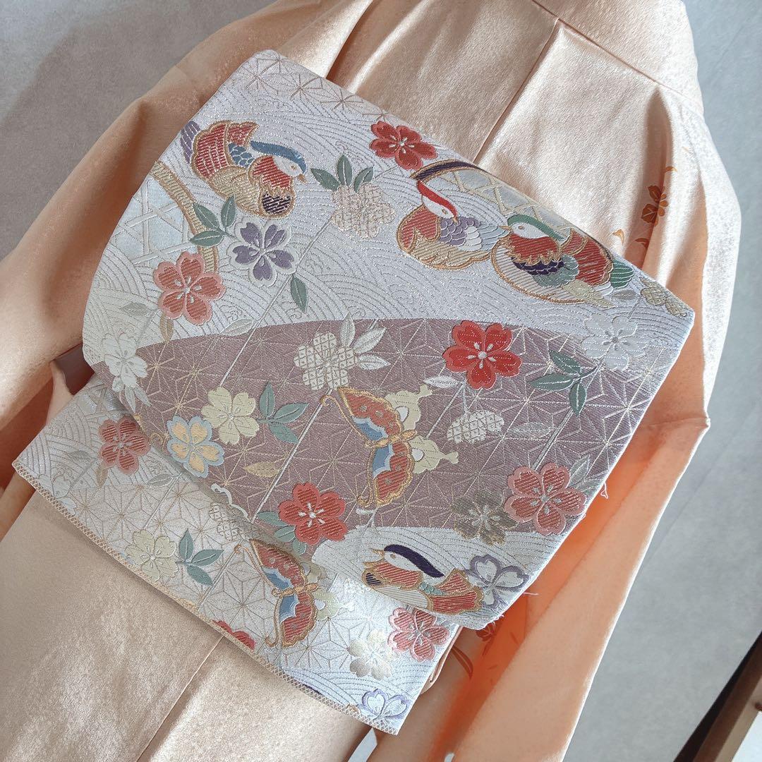 〈長襦袢半衿➕〉付け下げ　フルセット　着物　正絹　ロング丈　杏色　おしどりJ9