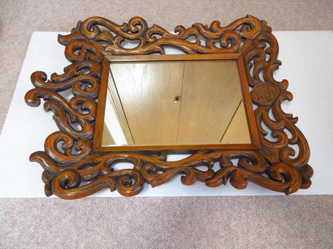 【アンティーク 資生堂】希少 SHISEIDO 昭和レトロ 木彫り 壁掛けミラー