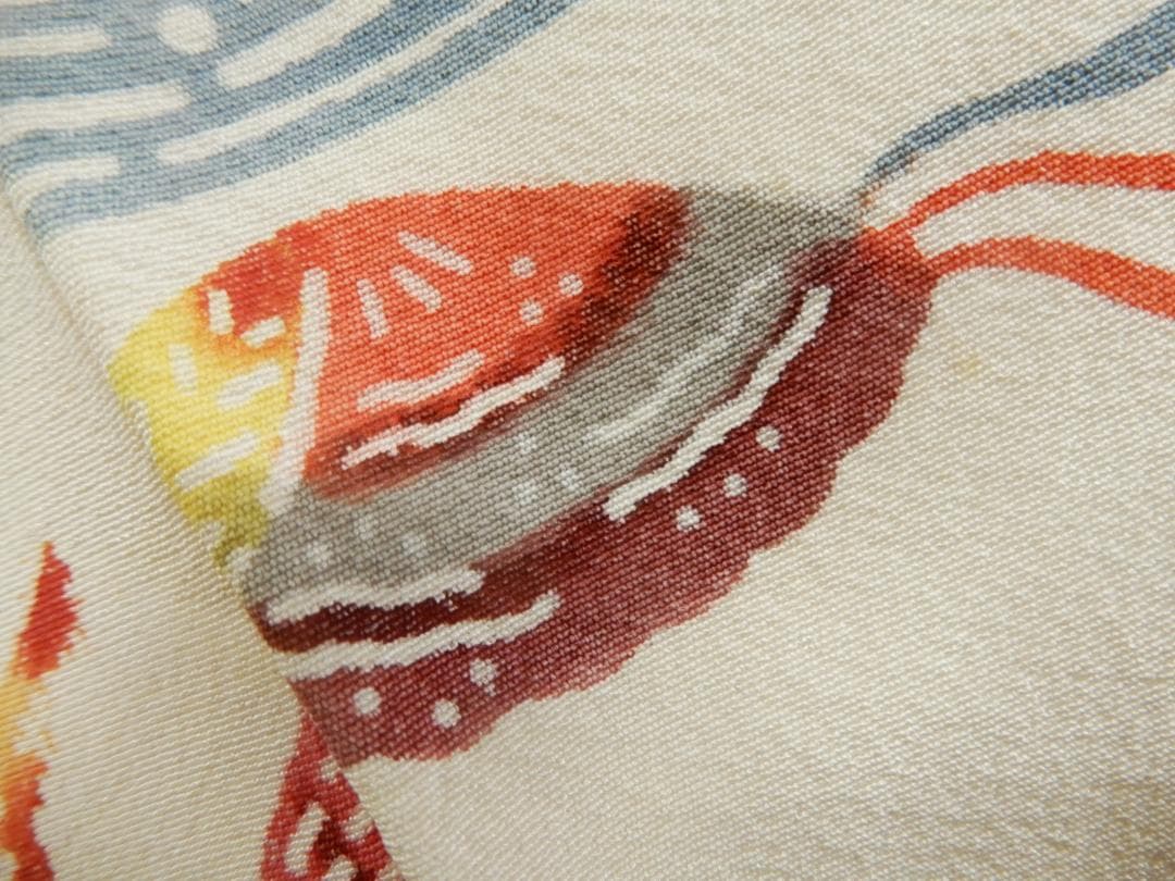 正絹・紅型染め小紋袷着物・顔料・手刷し・流水・貝・鳥・お花