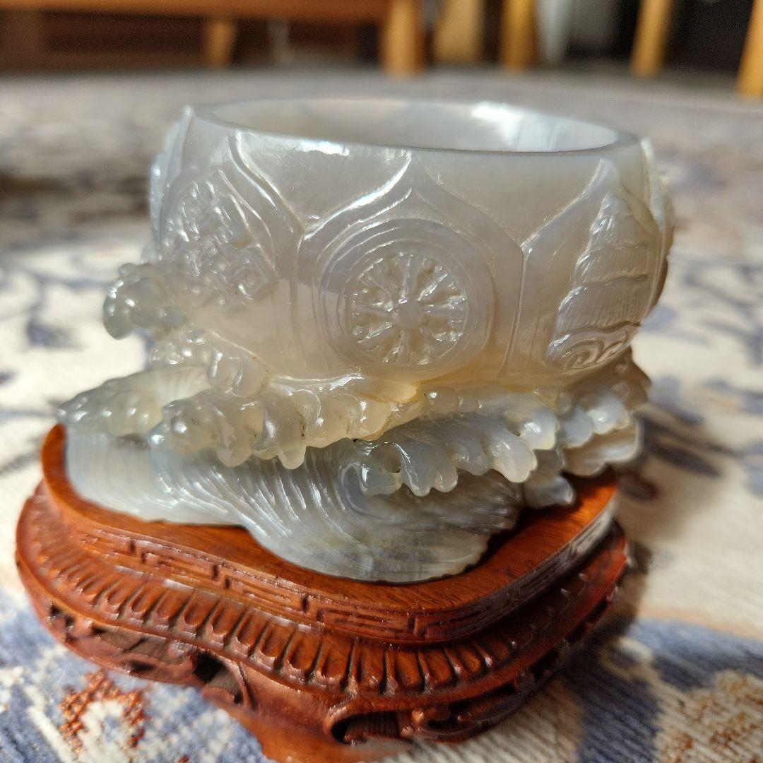 天然瑪瑙水滴　鶴首銅製匙、唐木台付き　書道水滴