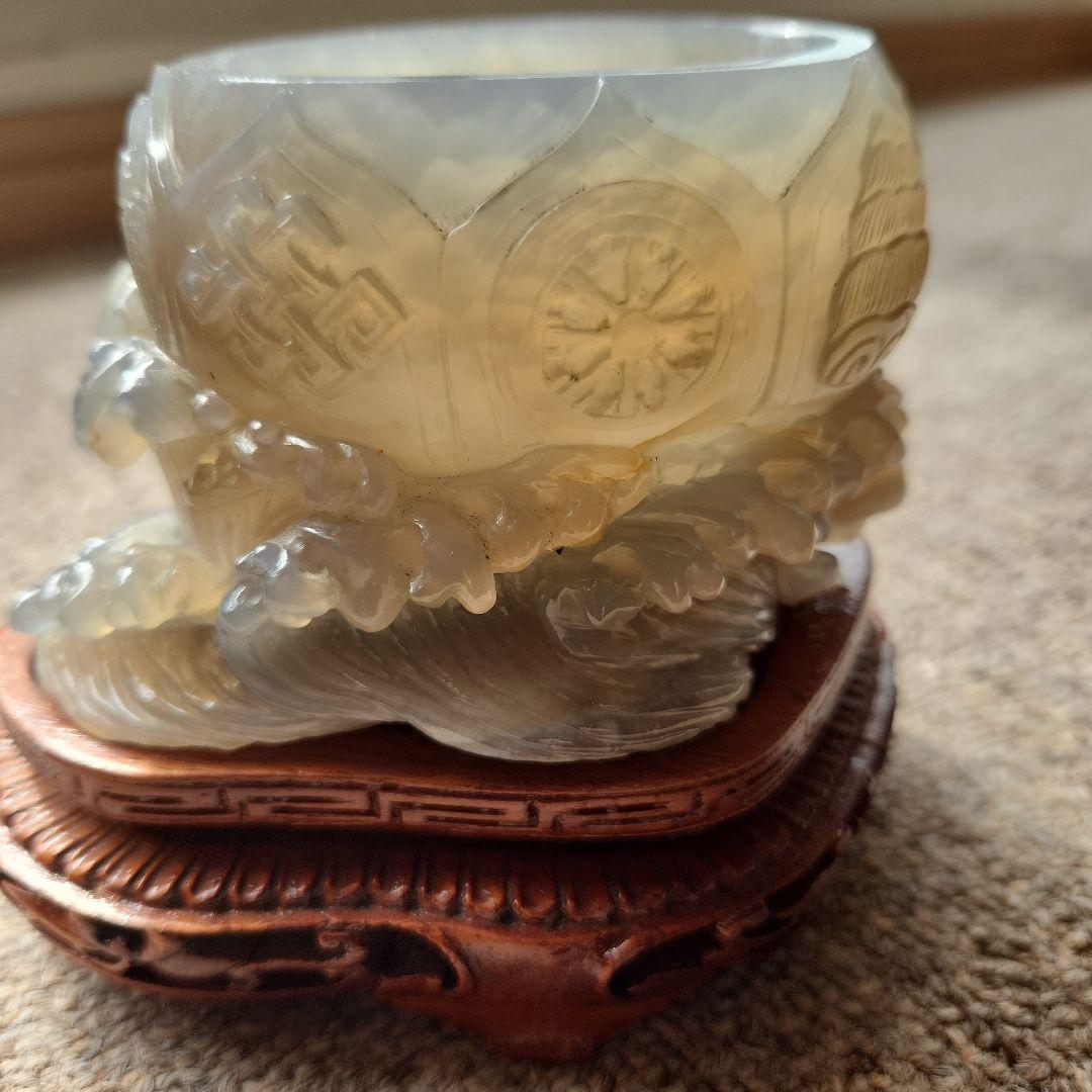 天然瑪瑙水滴　鶴首銅製匙、唐木台付き　書道水滴