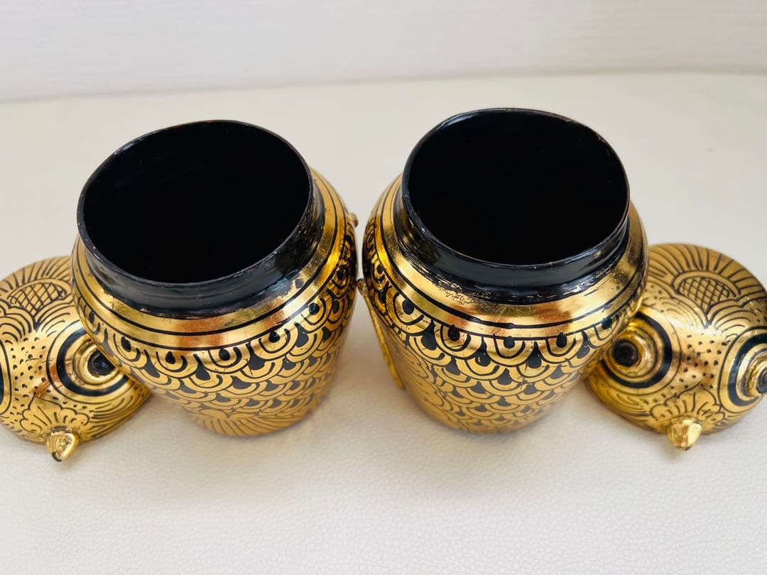 ビルマ手作り漆器ふくろうの小物入れ2個セット