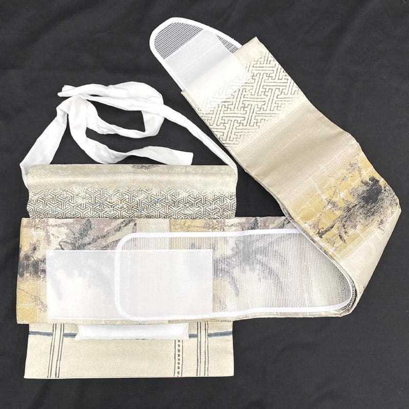 507mr86▲ワンタッチ作り帯 きものやまと 風景 抽象柄 箔糸 袋帯▲美品