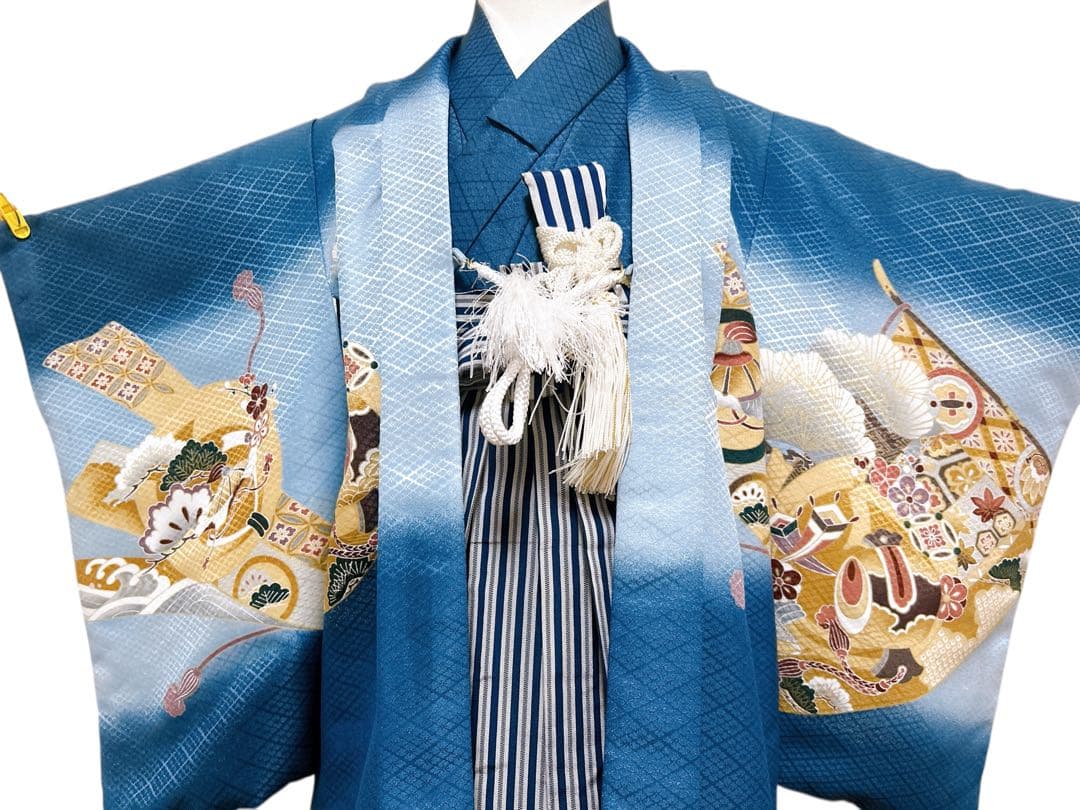 お買い得品♡七五三　小さめ5歳　男の子　フルセット　一式　青系　縦縞袴