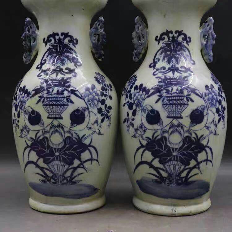 晩清民窯青花博古花紋双耳瓶模古磁器古玩骨董置物